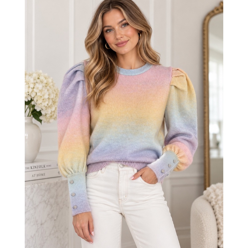 River Island Pastel Ombre Puff Sleeve Sweater Rhinestone Cuff Fairycore 8